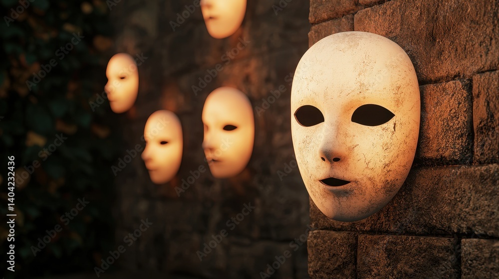 Aufkleber a series of illuminated masks mounted on a stone wall, creating a mysterious and artistic atmosphere
