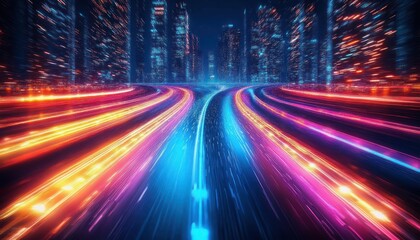 Glowing LED Cables and Fiber Optics in a Futuristic Digital Cityscape