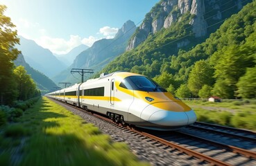 Modern high-speed train travels on rails in nature. Fast locomotive moves through green valley with mountains, trees. Transportation, travel, journey concept. Railway high speed, express, urban