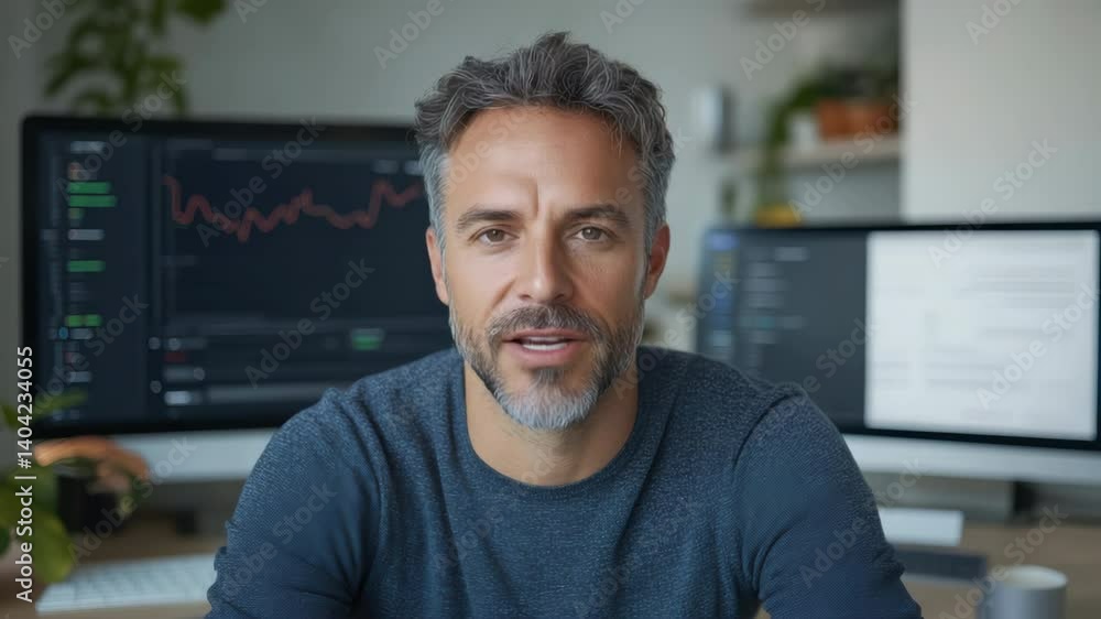 Poster professional man in modern workspace analyzing financial data and technology trends effectively.