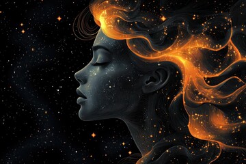 Beautiful Dreaming Woman Profile with Stars Cosmic Thoughts Positive Energy