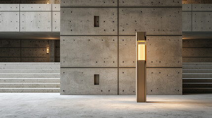 Modern outdoor lamp glowing in a minimalist concrete architectural space with stairs and geometric wall design.