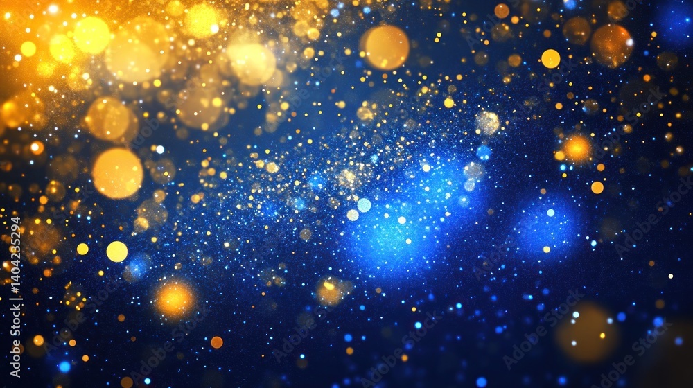Poster a celestial dance of light and color: ethereal bokeh sparkles on a deep blue backdrop evoke dreams o