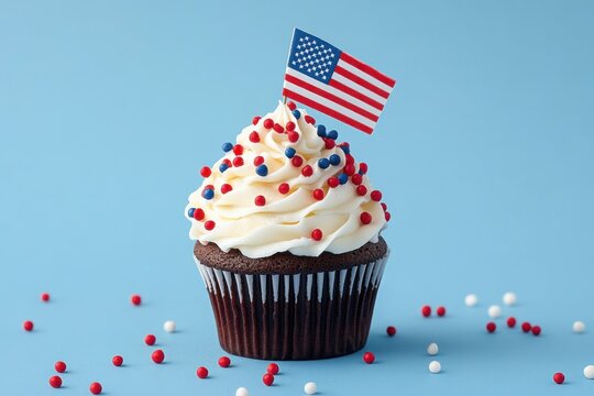 Patriotic 4th of July Cupcake with American Flag and Red Blue Sprinkles