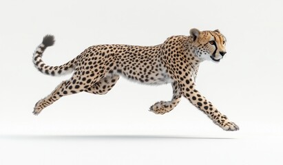 Dynamic Cheetah Leaping with Power and Elegance on a Minimalistic White Background