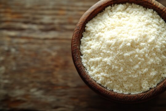 Close-up of finely grated cheese in a wooden bowl on a rustic wooden table, ideal for culinary use