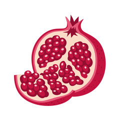 Juicy Pomegranate Slice. Vibrant red arils exposed in fresh cut, isolated on transparent background. Superfood ingredient, healthy snack, winter fruit, dessert garnish, natural juice concept 