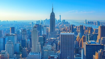 Panoramic view of New York City skyline at sunrise.  Vast metropolis with iconic skyscrapers