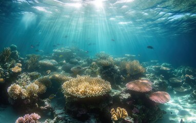 Fototapeta premium Coral Reef Underwater Scene with Vibrant Ecosystem and Natural Light