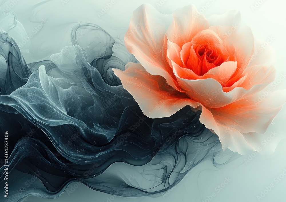 Poster abstract smoke rose intertwined with fluid forms and hints of red