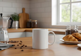 Minimalist white coffee mug on wooden kitchen table with chocolate beans, croissants, and moka pot in the background. Morning sunlight through the window creates a cozy and warm atmosphere.