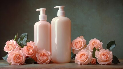 Pale Pink Shampoo Bottles Surrounded by Soft Pink Roses and White Camellias