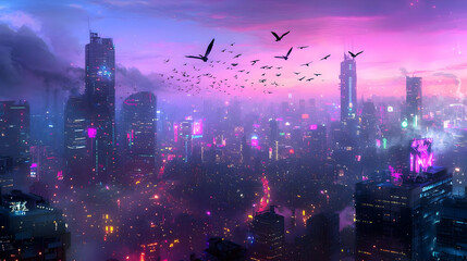 Obraz premium Pixelated Cityscape At Sunset With Birds Flying Above Illuminated Buildings Under Vibrant Purple And Pink Sky