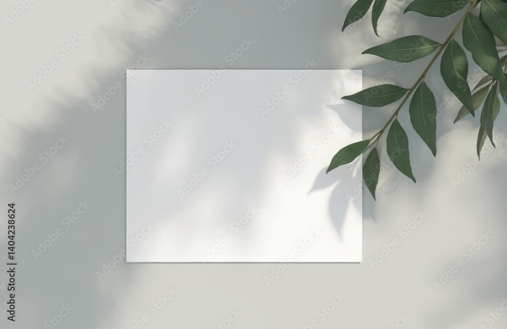 Poster minimalist blank paper sheet with shadow overlay on gray background. green leaves branch in the corn
