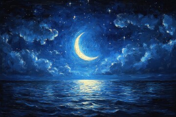 Fototapeta premium Crescent Moon Night Sky with Stars and Clouds in Deep Blue