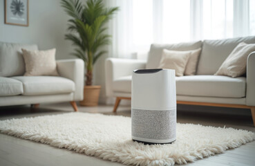 Obraz premium White air purifier stands in cozy living room. Clean appliance filters air, removes dust. Modern tech, white sofas. Home interior, lifestyle, health, comfort, and well-being. Improve air quality.