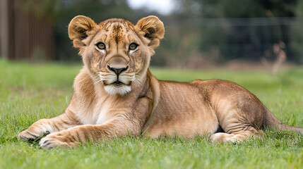 Fototapeta premium Young Lion Cub Resting in Green Grass