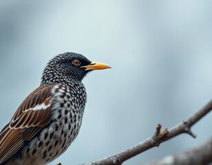 Fototapeta premium Close-up of European starling, Sturnus vulgaris. Young songbird perched on branch. Colorful plumage, black spotted feathers, yellow beak. Wildlife animal portrait. Nature, ornithology, birdwatching