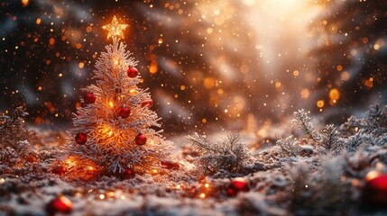Glowing Christmas Tree with Red Baubles and Evergreen Branches in Snowy Landscape Under Starry Night Sky