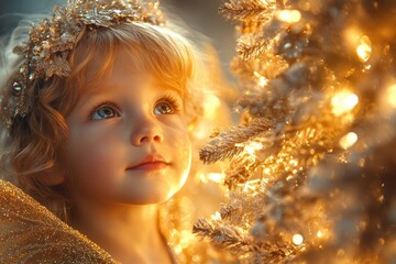 Angel Child Adoring Christmas Tree with Golden Light in Cozy Holiday Room by Fireplace
