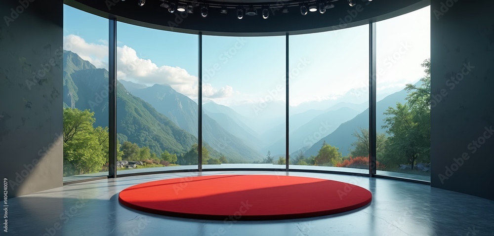 Poster virtual studio with large windows overlooking mountain landscape. interior for tv show broadcast wit