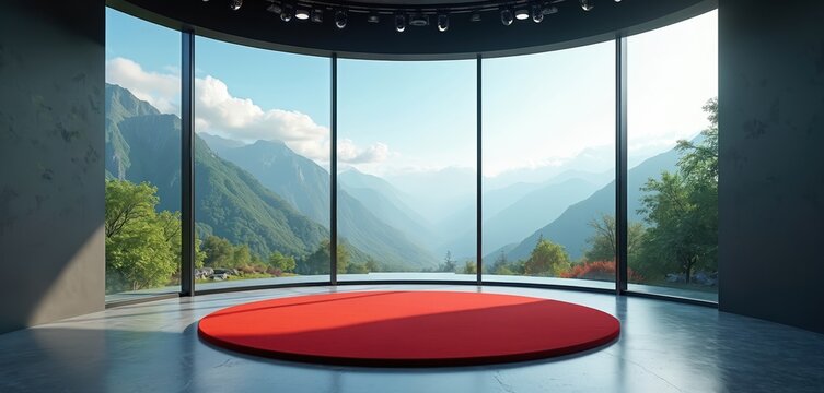 Virtual studio with large windows overlooking mountain landscape. Interior for TV show broadcast with red carpet, stage. Modern design for live events. Clean tech background for presentations news