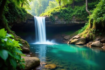 Cascading waterfall plunges into lush bushland pool, creating tranquil oasis , nature, picture, fern