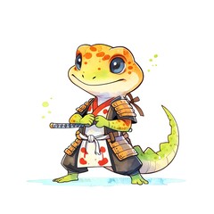 Adorable Gecko Samurai: A Whimsical Watercolor Illustration