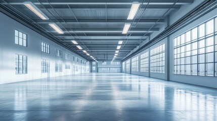 interior perspective of an empty expansive warehouse space bathed in natural light showcasing industrial design and architectural structure providing a neutral background