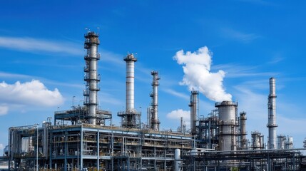 a sprawling industrial complex featuring towering distillation columns set against a brilliant blue sky dotted with fluffy white clouds portraying technological progress and environmental
