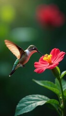 Naklejka premium Hummingbird feeding, wings blur, intense focus on flower , green, bird photography, wildlife photography