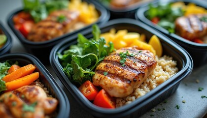 Meal prepping for healthy eating. Packed balanced meals in containers for weight loss, fitness. Chicken, rice, vegetables, portion control, convenient, delicious homemade food. Food planning for