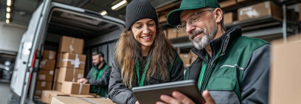 In a retail logistics warehouse, a worker loads cardboard boxes into a delivery van while a female boss uses a tablet computer.