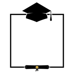 Graduation border template isolated on white. Vector frame with graduation hat and diploma. Perfect for banner, card, poster, flyer, invitation, etc.