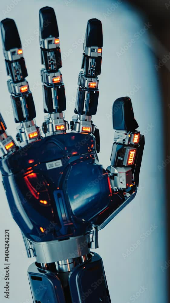 Poster close-up view of a highly detailed futuristic robotic hand with intricate mechanical and electronic 