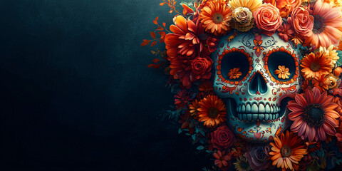 Vibrant sugar skull illustration adorned with flowers for Dia de los Muertos & Cinco de Mayo. Festive Mexican background with room for text. Detailed textures, cheerful art.
