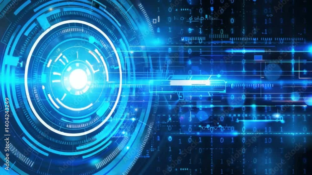 Poster futuristic digital technology background with glowing blue circles, binary code, and abstract patter