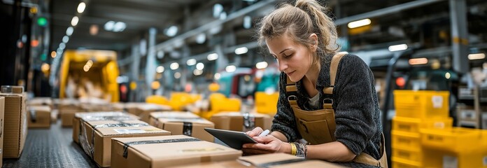 In a retail logistics warehouse, a worker loads cardboard boxes into a delivery van while a female boss uses a tablet computer.