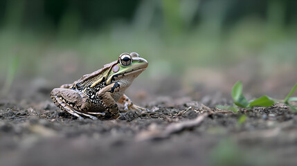 Closeup of a Brown and Green Spotted Frog on the Ground