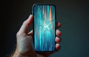Hand holds broken smartphone. Cracked screen, display damage. Phone needs repair. Modern mobile tech, device malfunction. Communication. Social media, app failure, digital life concept.