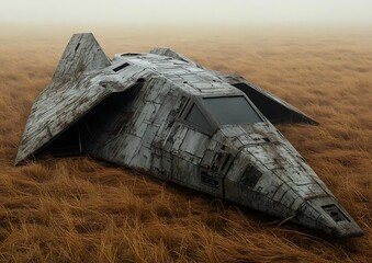 Crashed Spaceship in Foggy Field