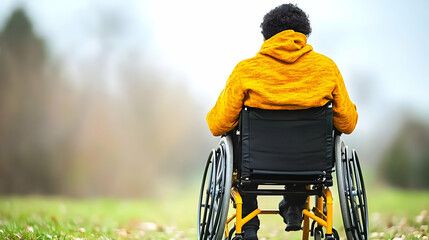 Person In Yellow Hoodie Sitting In A Wheelchair On A Grassy Path Outdoors
