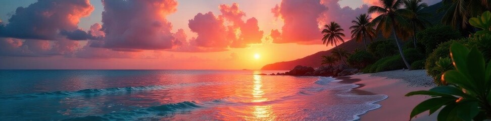 Vibrant sunset hues reflected on tranquil ocean, lush resort foliage, paradise, clouds, evening