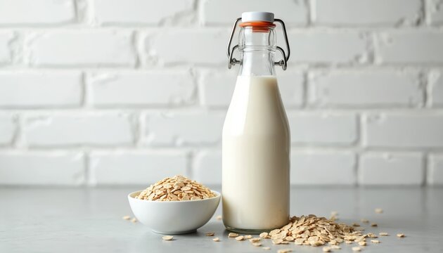 Oat milk alternative in glass bottle with oat flakes in bowl on light background. Healthy vegetarian drink for breakfast, diet, clean eating. Dairy free, vegan product, allergy friendly drink.