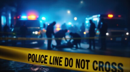 Police cordon tape marking a crime scene at night