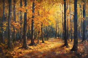 Obraz premium A Symphony of Autumn: The Enchanting Dance of Golden Leaves in a Tranquil Forest Setting