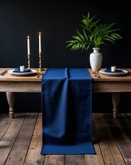 Navy blue table runner portrait view on plain black background