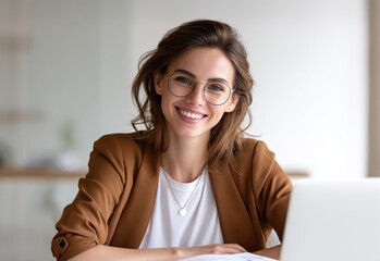 Professional Woman Sitting and Smiling at Desk