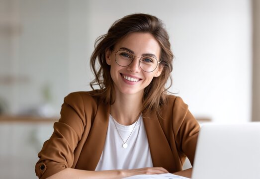 Professional Woman Sitting and Smiling at Desk
