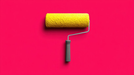 Obraz premium Bright yellow paint roller on vibrant pink background creates energetic and lively atmosphere, perfect for creative projects